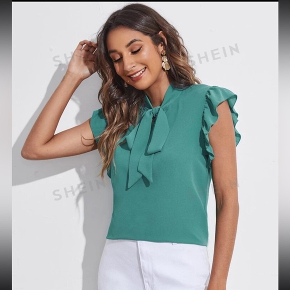 SHEIN Tops - SHEIN Privé Tie Neck Ruffle Armhole Solid Top